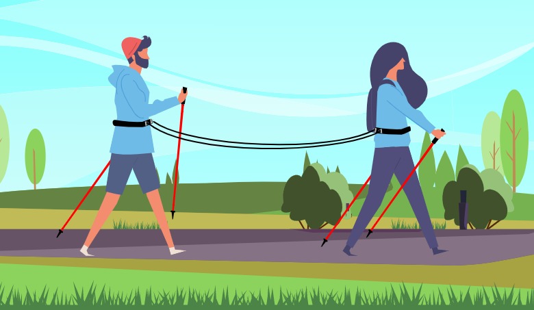 Ilustración de dos personas realizando senderismo por el campo utilizando el dispositivo blind-nw