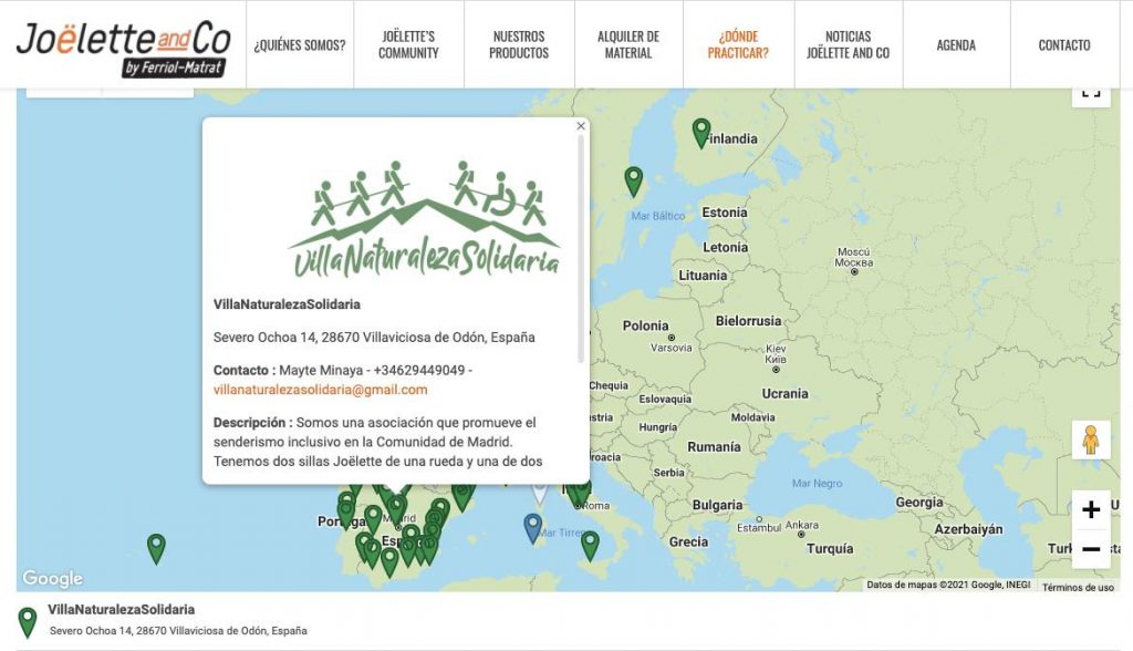 Fotografía del mapa de la web de la comunidad de Joëlette donde se muestra la localización de VillanaturalezaSolidaria y un texto descriptivo